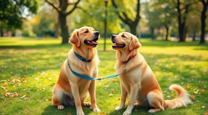 A happy golden retriever sitting on a grassy field, looking up at its owner with a wagging tail.