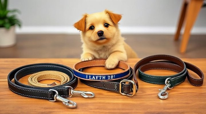 A variety of dog leashes laid out on a table for selection