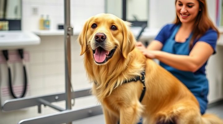 A fluffy golden retriever enjoying a grooming session with a smiling groomer