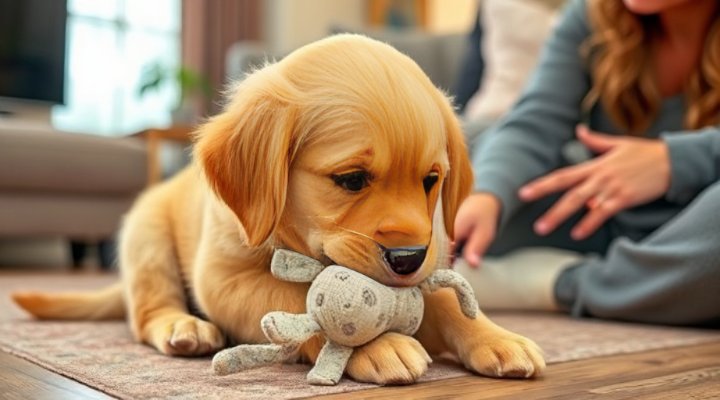 A cute puppy learning bite inhibition with a gentle chew toy
