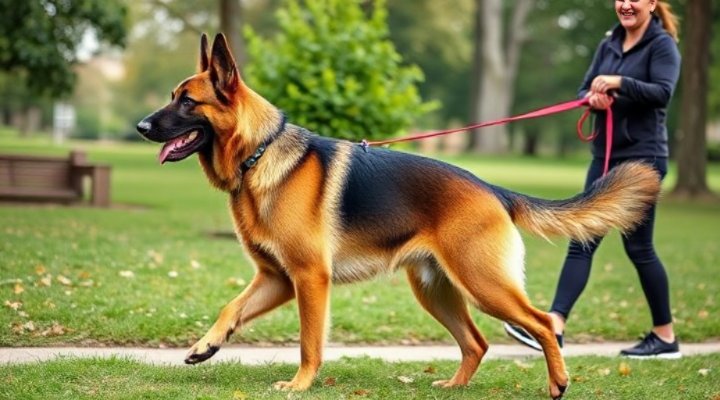 Adult German Shepherd performing a perfect heel command during training