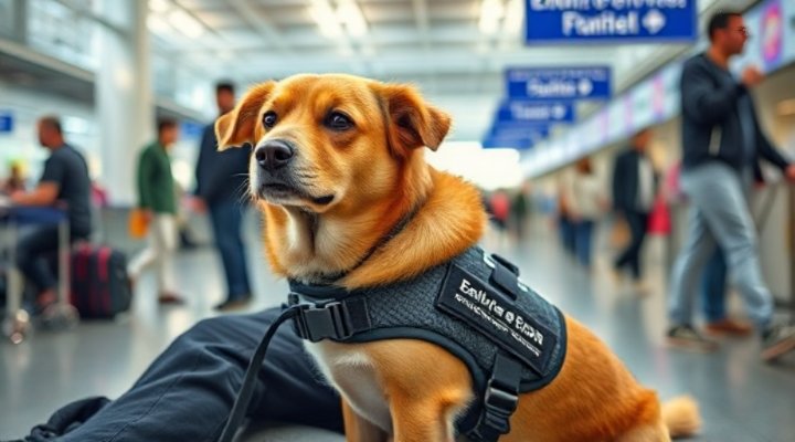 Trained emotional support dog assisting owner in crowded space
