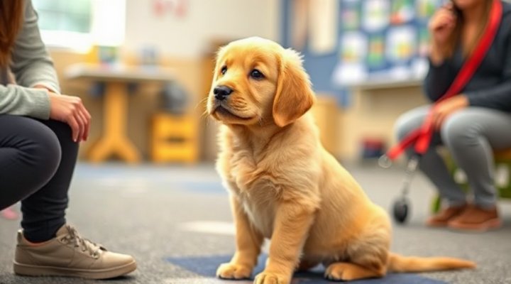 A cute puppy sitting attentively in an obedience class