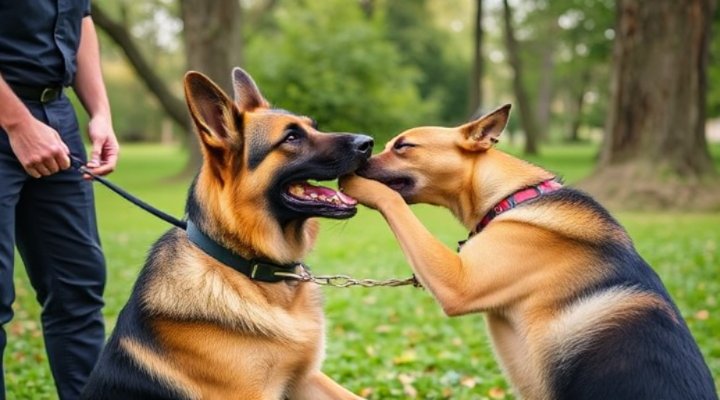 An adult dog practicing bite control with a trainer