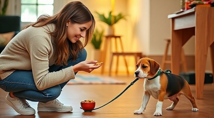 Owner giving treats to a small dog during leash training