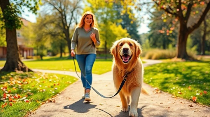 A happy golden retriever walking calmly on a leash with its owner