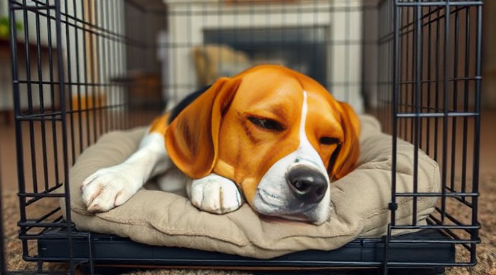 An older dog resting peacefully inside a crate