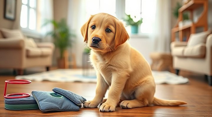 Cute golden retriever puppy sitting near training pads