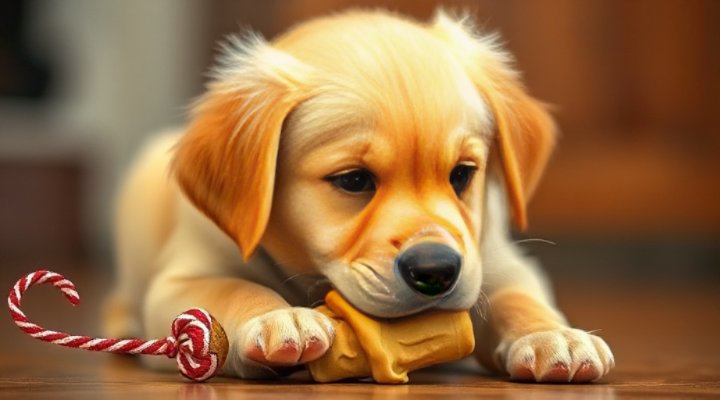 Puppy learning bite inhibition with a chew toy