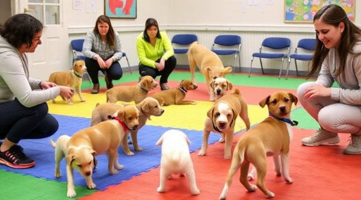 Group of puppies and owners in a training session