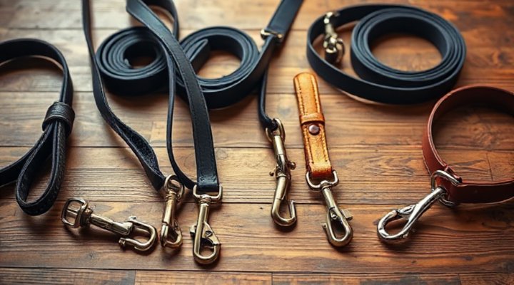 Different types of dog leashes laid out on a table for comparison