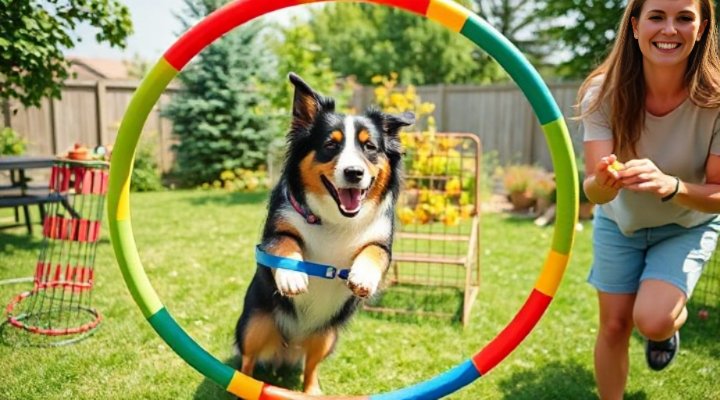 An energetic Australian shepherd jumping through a hoop held by its owner in a backyard.