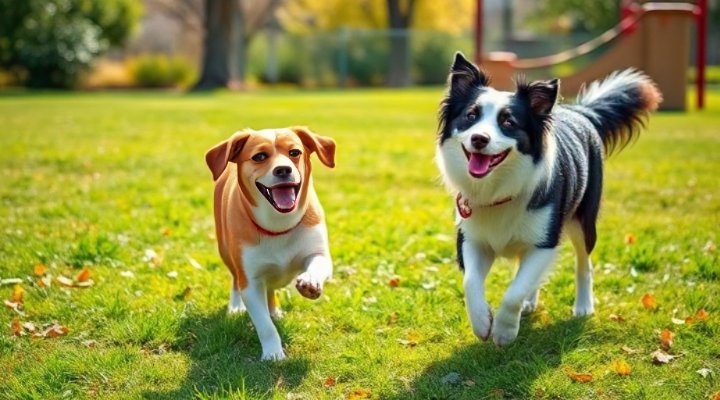 Two friendly dogs playing together at a dog park