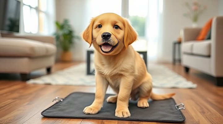 A cute golden retriever puppy sitting on a training pad