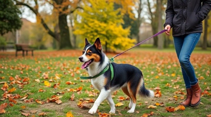 Well-trained dog walking politely beside owner