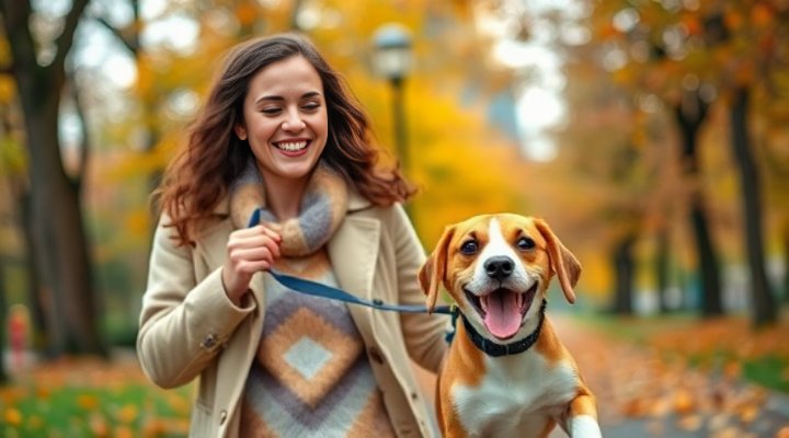 A happy puppy and owner enjoying a walk in the park