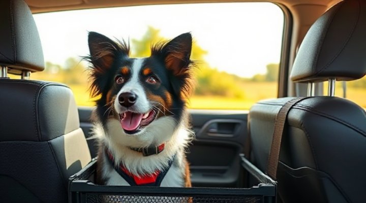 Happy older dog in crate during car ride