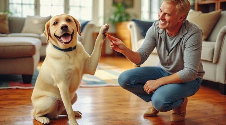 A playful Labrador retriever lifting its paw to shake hands with its owner.