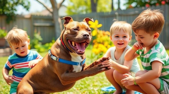 Pitbull playing with children in a backyard