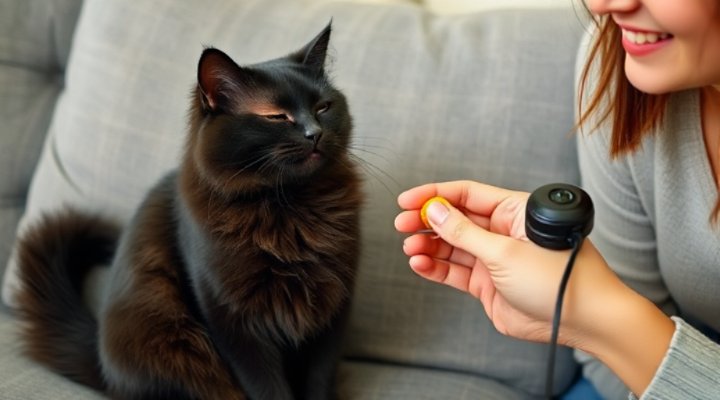 A happy cat receiving a treat after successful clicker training