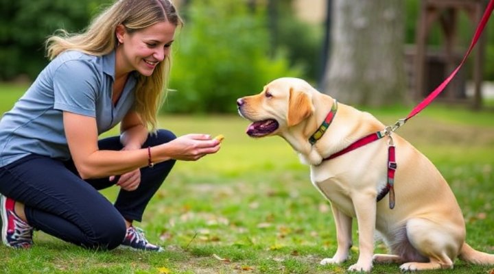 A trainer using treats to reward a dog for walking nicely on a leash