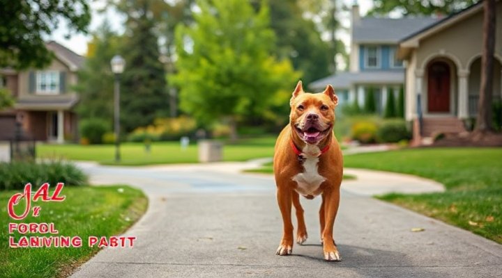 Pitbull walking calmly on a leash with its owner