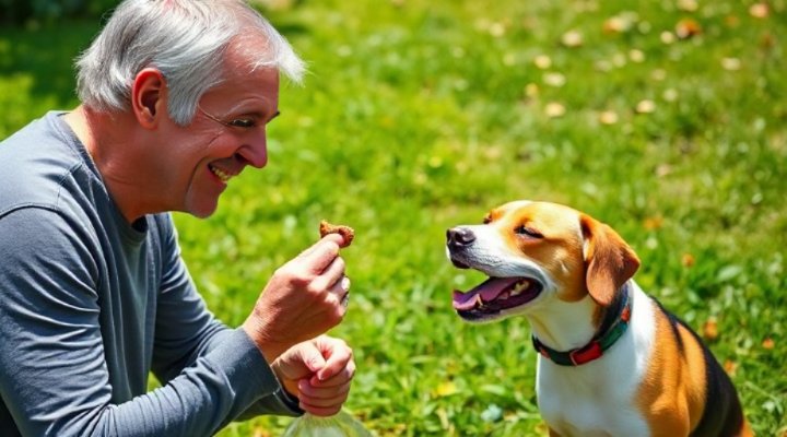 Owner giving treat to dog after successful potty break