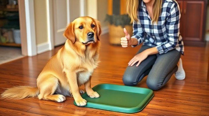 A happy adult dog sitting near a potty pad with a smiling owner