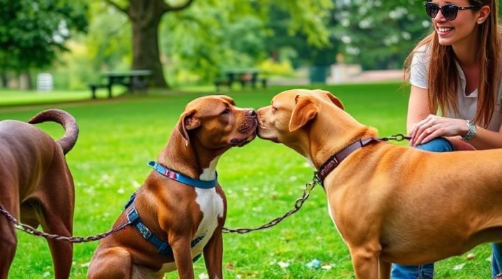 Pitbull interacting politely with other dogs at a park
