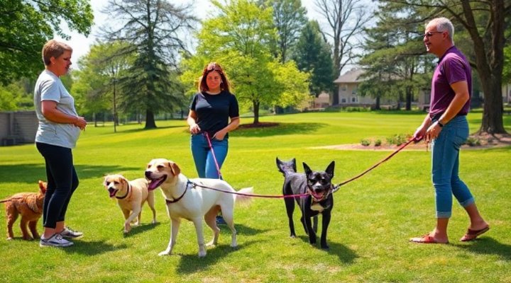 A group of dogs and owners practicing leash walking in a training class