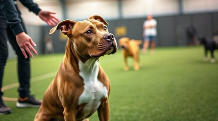 Pitbull sitting obediently during training
