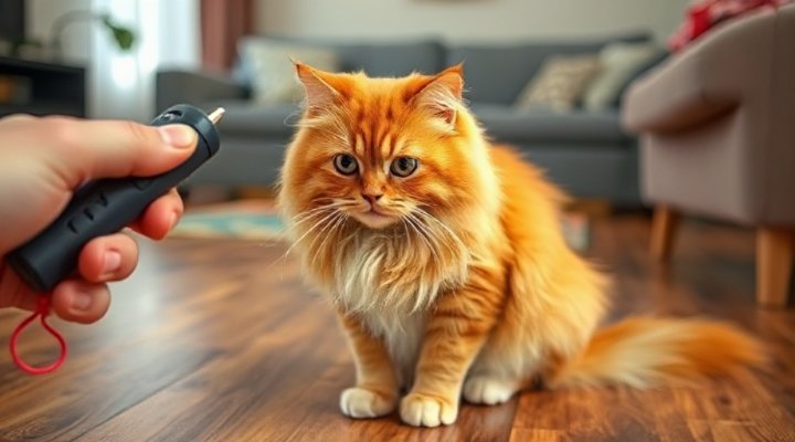 A cute cat looking curiously at a clicker