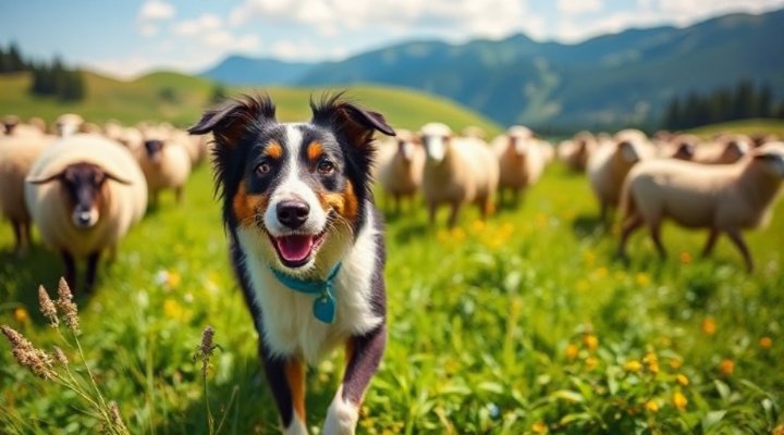 Border Collie herding sheep in a field