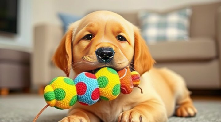 Puppy biting a toy instead of hands