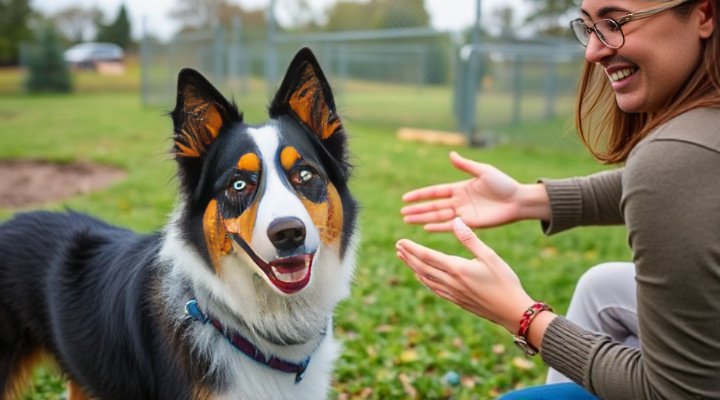 Australian Shepherd practicing herding commands with a trainer
