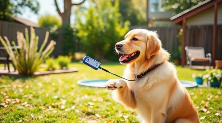 A golden retriever happily performing a trick with its owner