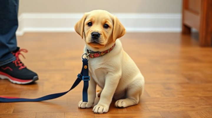 Adorable puppy learning to sit during training