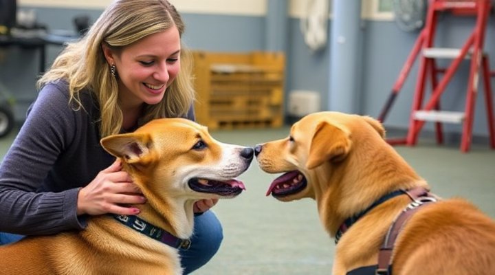 Trainer helping a dog interact with others
