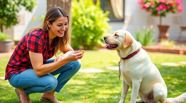 Owner giving a treat to a dog for not jumping