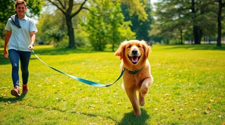 Dog enjoying freedom on a long lead during training