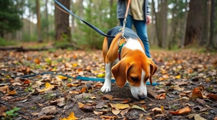 Dog sniffing and exploring while on a long training lead
