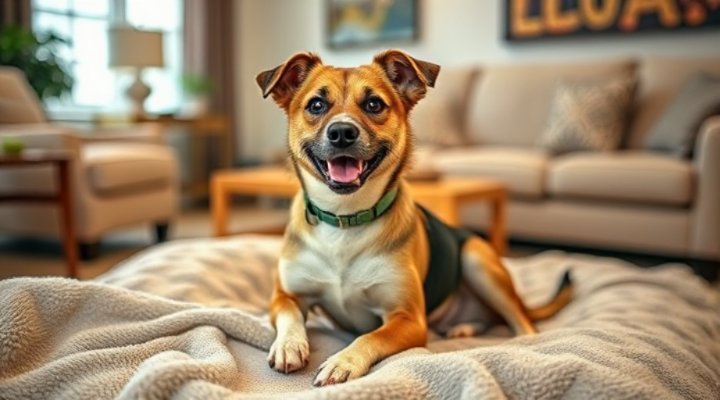 A rescue dog relaxing in a new home environment