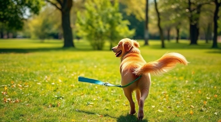 Golden retriever running joyfully with a long leash in a park