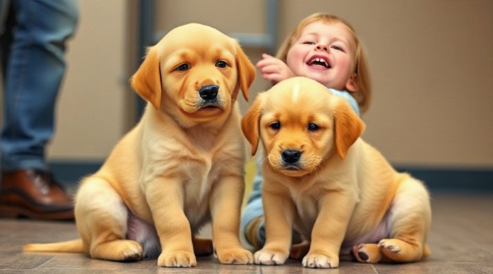 Puppy gently interacting with a child