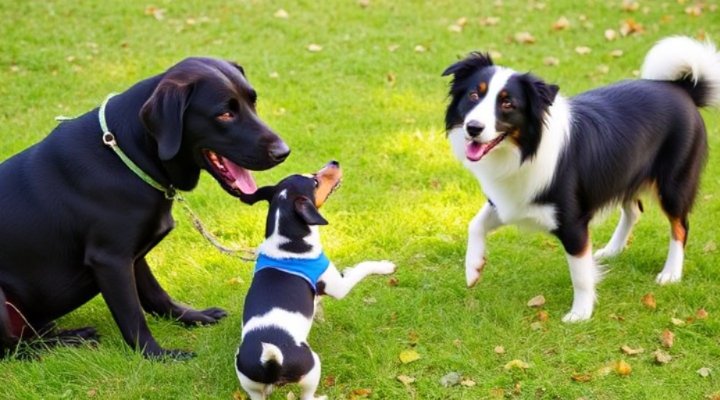 Dogs of various sizes playing together