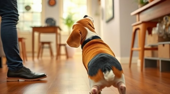 Dog turning away from a guest to prevent jumping
