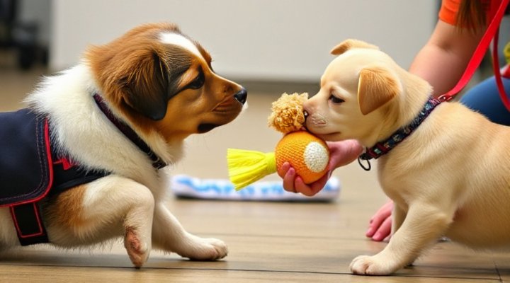 Dogs sharing toys during socialisation
