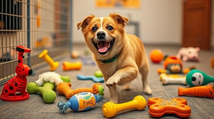 Rescue dog enjoying playtime with new toys