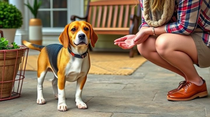 Dog greeting a visitor calmly with all four paws on the ground