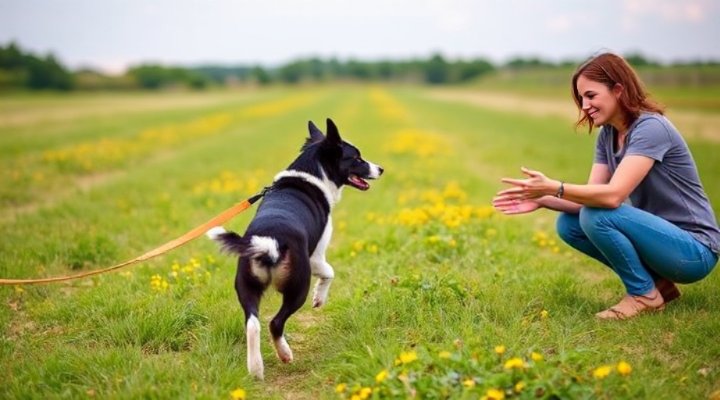 Border collie responding to recall command with long lead
